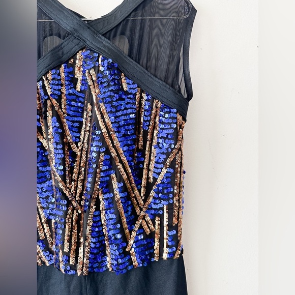 Weissman Unitard Skating & Dance-Black/Blue/Gold Sequins -Sleeveless - Size 7/8 - Picture 2 of 8